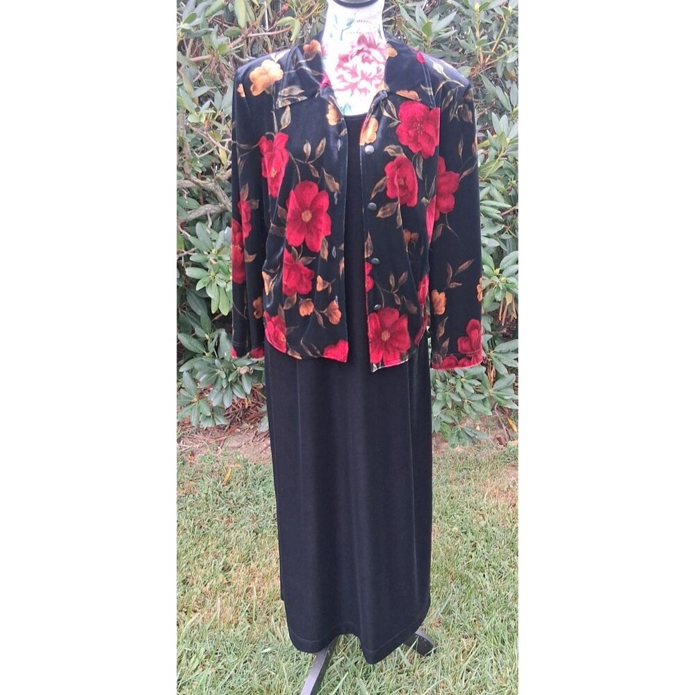 Vintage Melissa Harper 2pc Maxi Dress Black Floral Velvet 16WP Winter Party